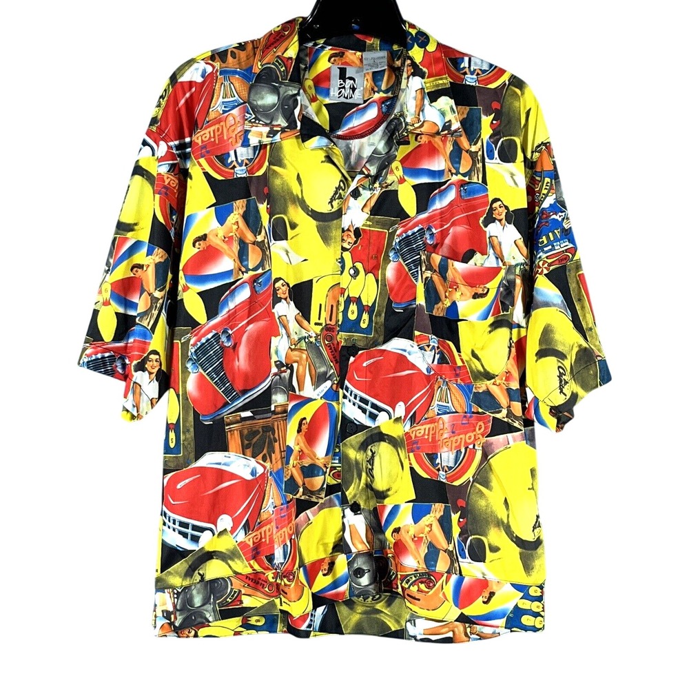 NWT VTG BON HOMME Pin-Up Girl BOWLING Cars SILKY BUTTON-UP Hawaiian Camp Shirt L